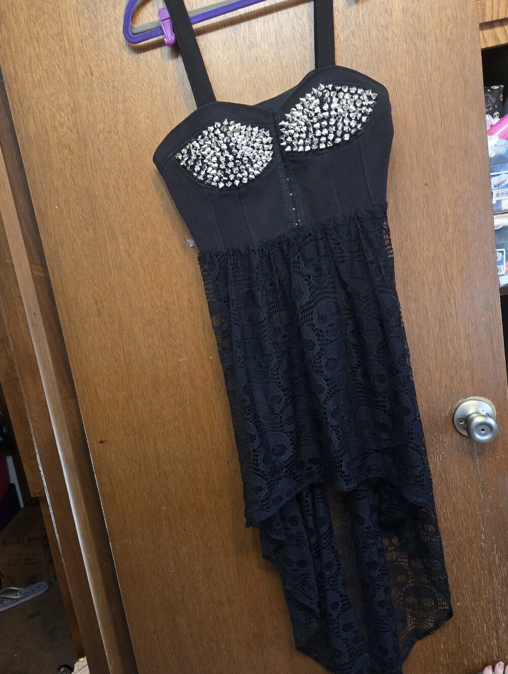 Eye-catching Black Spiked Bust Hi-Low Lace Dress